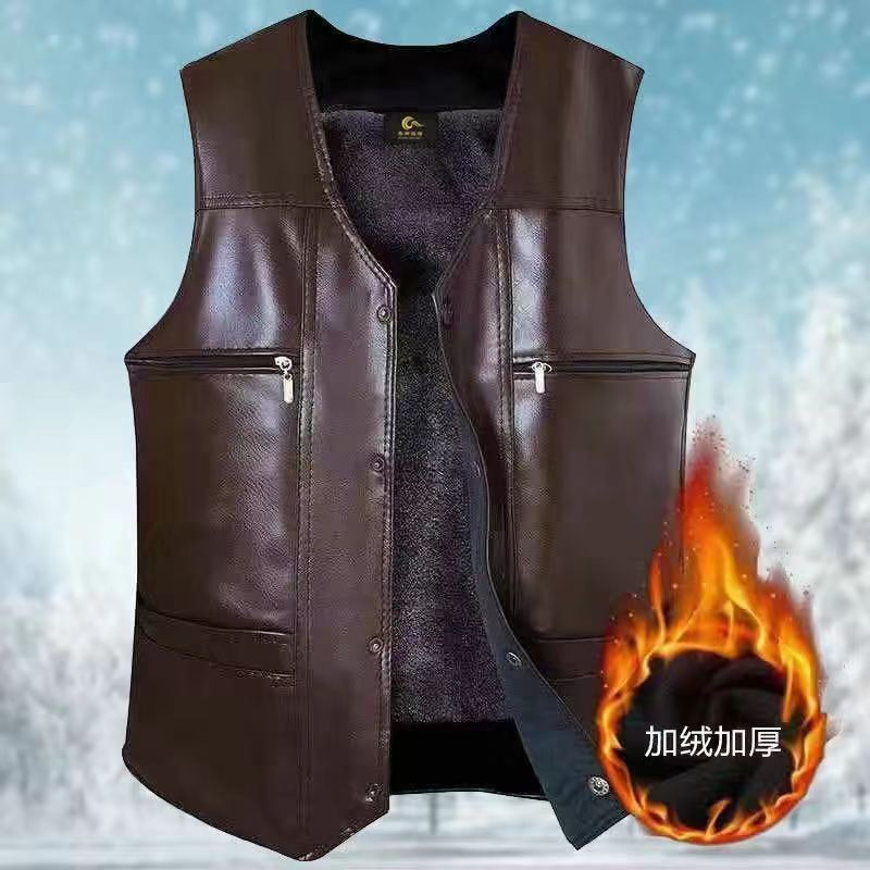 Warm Vest Men's fleece-lined Thickened Men's Leather Vest Middle-aged and Elderly Waistcoat Vest Autumn and Winter Cotton Vest for Dad