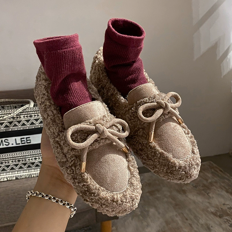 Женские меховые туфли для зимней одежды, новинка 2025 года, лоферы из овечьей шерсти с плюшевой толстой подошвой, хлопковые туфли больших размеров для женщин, 41–43 размер