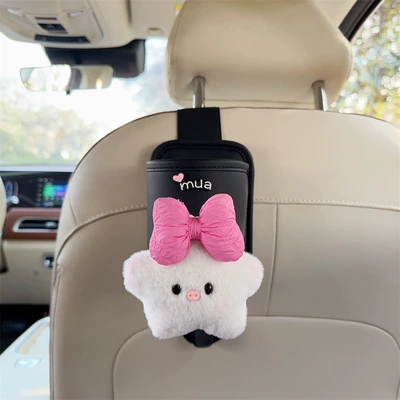 car interior organizer, hook bag, Car cup holder/beverage holder - black-leather-cup-holder-with-hook-with-five-pointed-star-and-rose-red-bow
