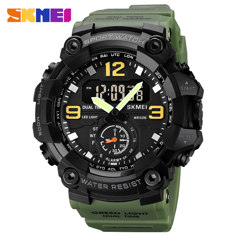 Skmei multifuncional de doble movimiento deportivo reloj electrónico de los hombres de sincronización luminosa reloj de moda 1965