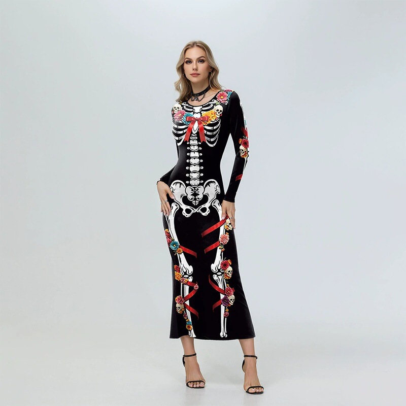 Mexican Day of the Dead Skeleton Flower Bow Print Long Sleeve Mermaid Dress