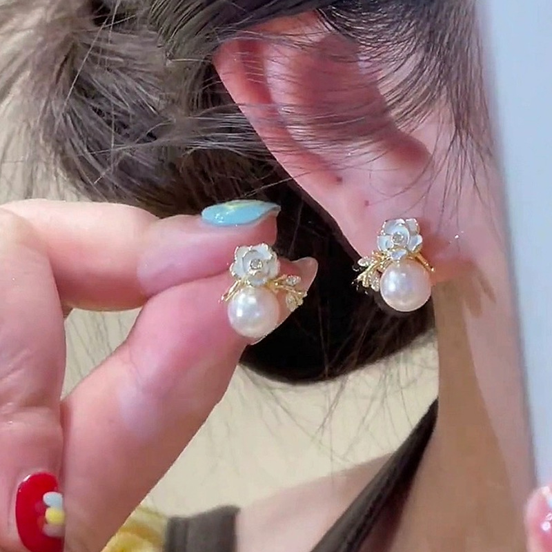 Camellia Pearl Stud Earrings Decorative