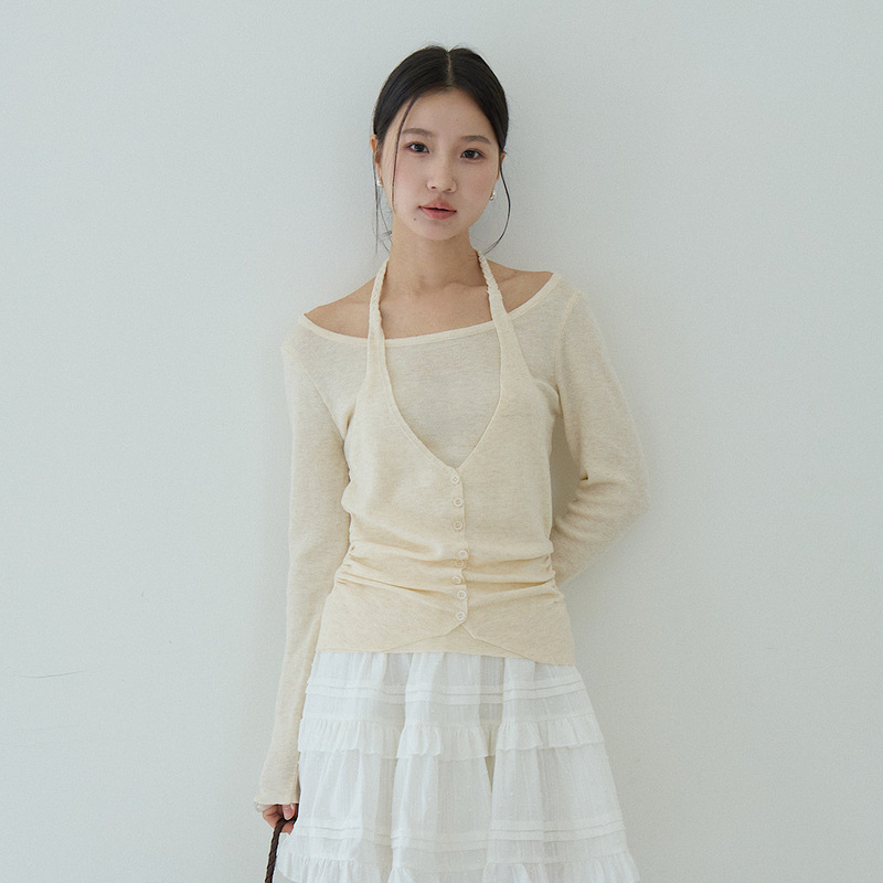 【Oufan】Stylish Halter V-Neck Faux Two-Piece Knit Sweater for Women, Elegant Slim Fit Versatile Long-Sleeve Top 11170