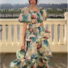 欧美性感女装跨境亚马逊新款复古印花泡泡袖短袖荷叶边蛋糕连衣裙
