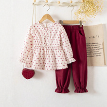 2025跨境甜美女小童蝴蝶图案花边套头圆领长袖上衣和束脚长裤套装