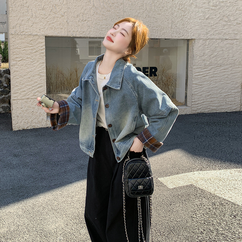 实拍蓝色复古高级感格纹拼接牛仔外套女2025春新款小个子休闲夹克|undefined