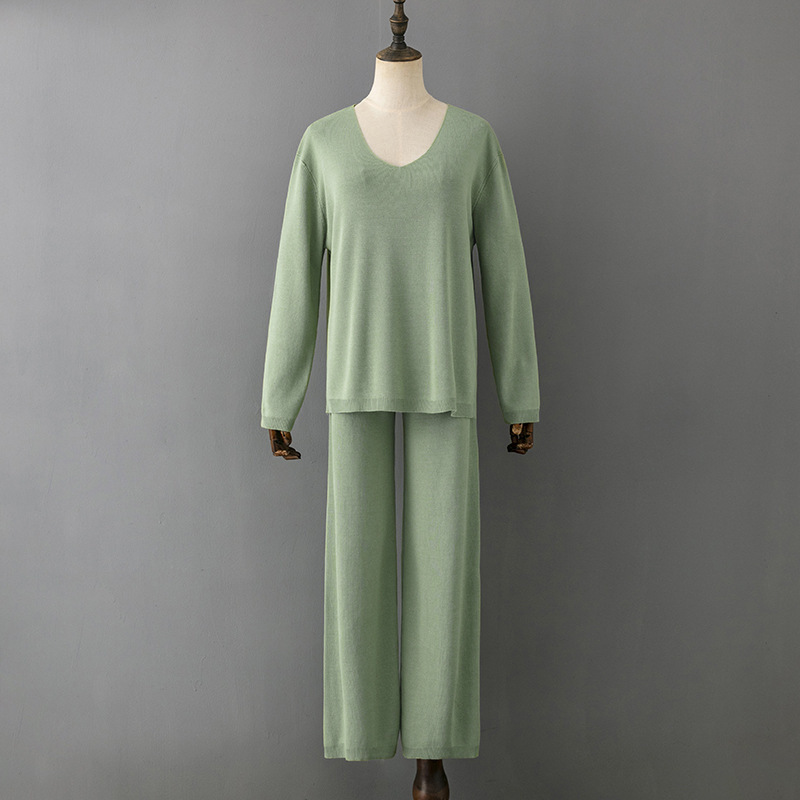 Solid Color V neck Ice Silk Suit Spring Autumn Loose High Waist Casual Two Piece Sweater