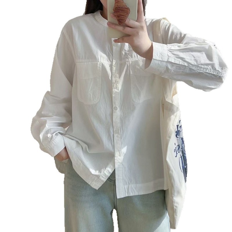 宽松大码纯色气质圆领双口袋净色衬衫女春秋新款通勤上衣衬衣女|undefined