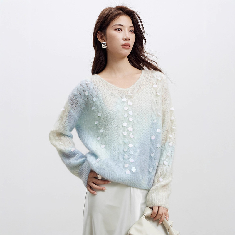 [Mermaid] Sequin-Dyed Mohair Sweater 26 Early Autumn New Women's Gradient V-Neck Knitwear Top