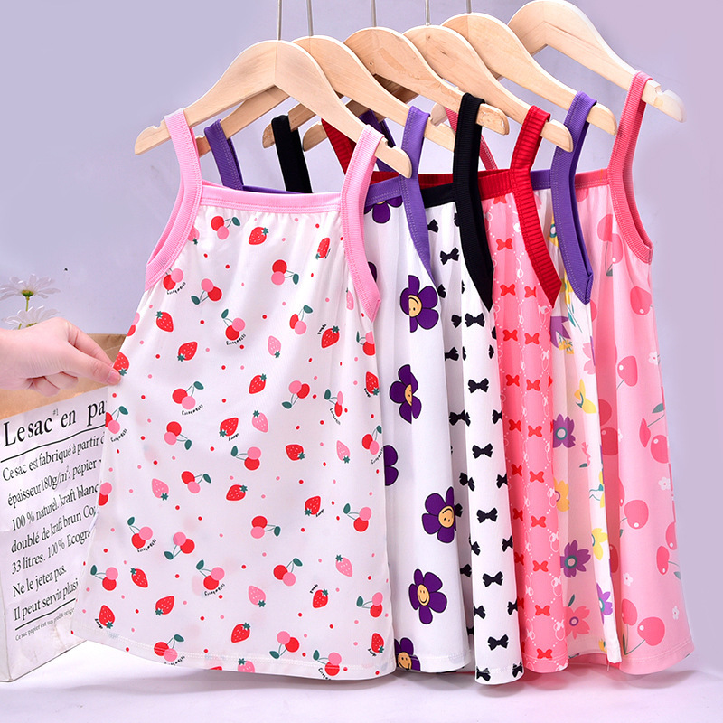 2025 Girls Summer New Sling dress Children Floral Princess Dress Girls Ice Silk Baby New