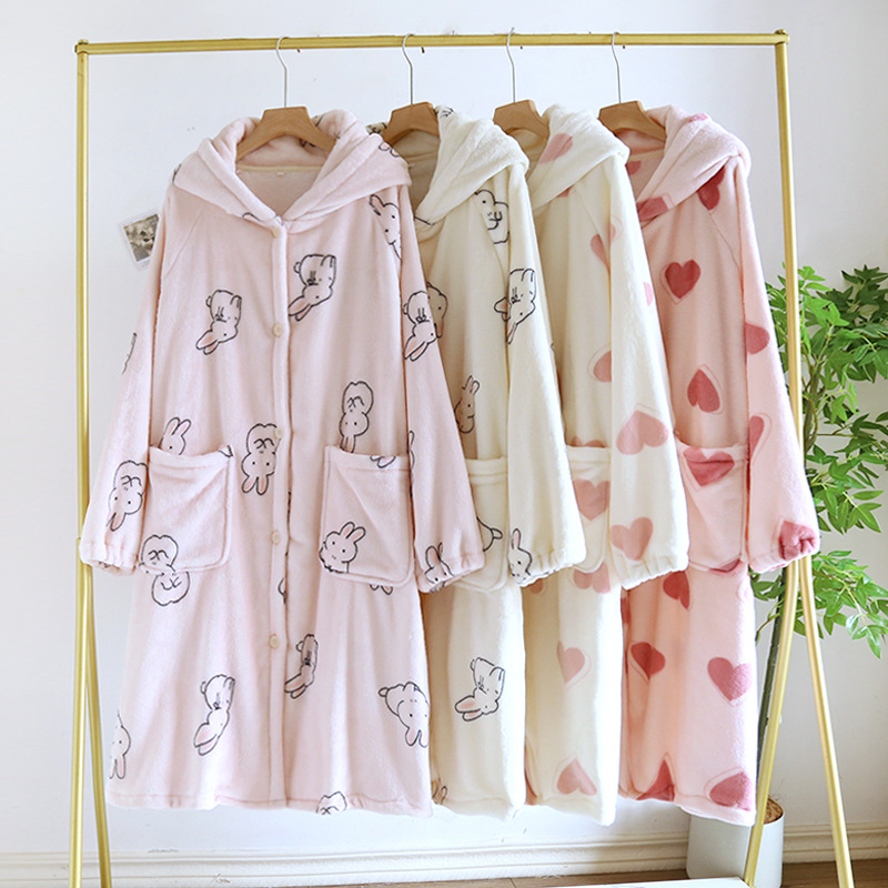 Love coral fleece nightgown ladies autumn and winter fleece-lined padded flannel nightgown hooded home clothing manufacturers wholesale