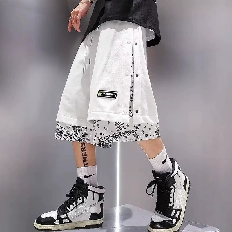 Мужские шорты выше колена из двух частей в гонконгском стиле, тонкие, свободные и модные летние повседневные брюки на пуговицах с цветком кешью.