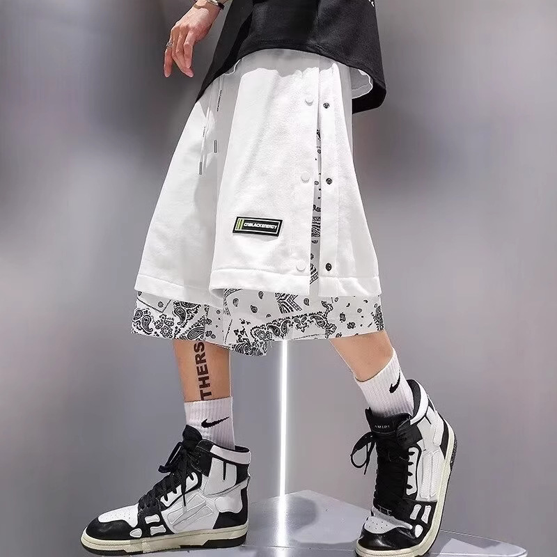 Fake Two-Piece Over-The-Knee Hong Kong Style Shorts for Men, Thin, Loose and Trendy Summer Cashew Flower Splicing Buttoned Casual Pants