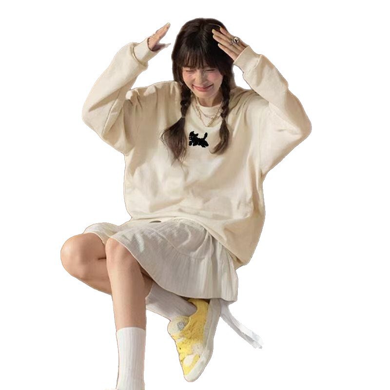 美式复古高街潮牌圆领卫衣女春秋oversize宽松慵懒薄款外套|undefined