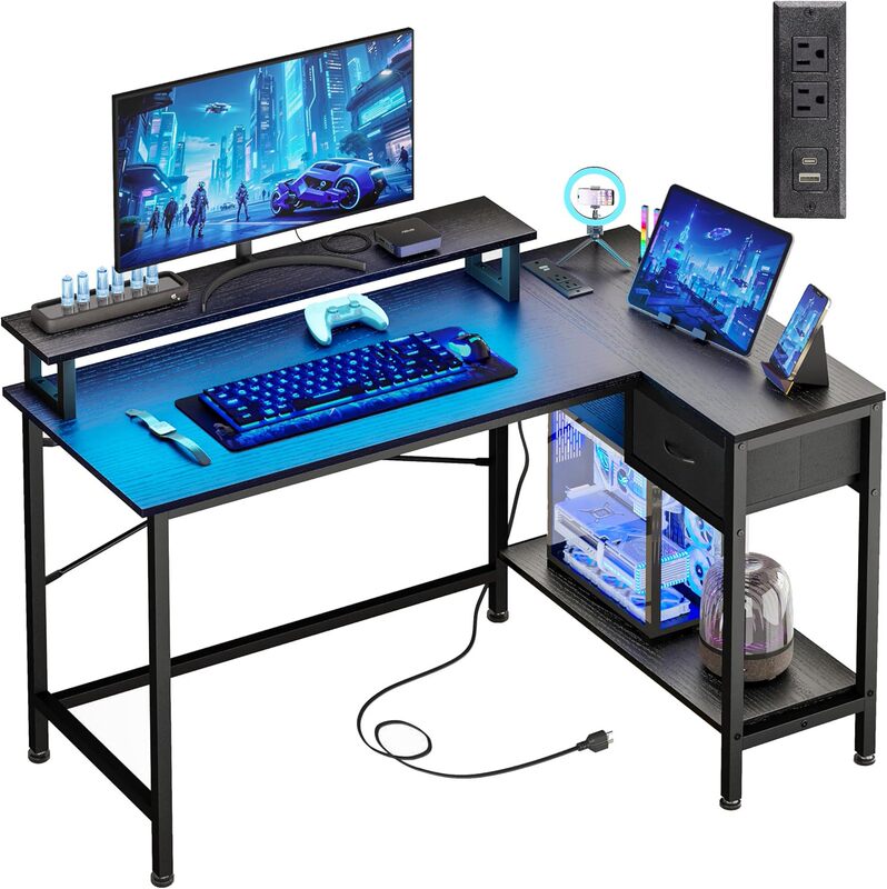 Bedroom L-Shaped Corner Computer Desk Gaming Desk with Socket and Led Light, Home Office Desk with Drawer Bedroom L-Shaped Corner Computer Desk Gaming Desk with Socket and Led Light, Home Office Desk with Drawer