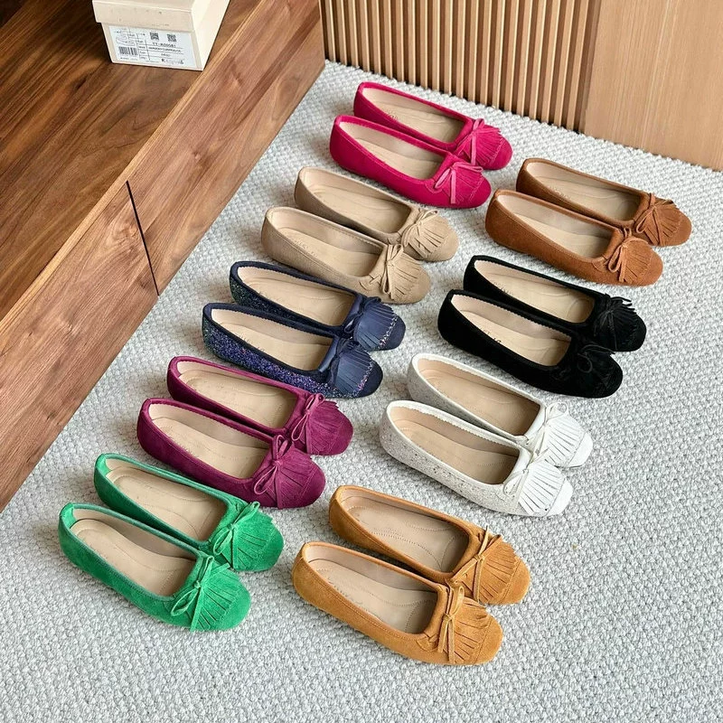 Пара балеток на плоской подошве из кожи с круглым носком и бантом, танцевальные туфли с кисточками для женщин, в том же стиле, что и Yi Mengling.