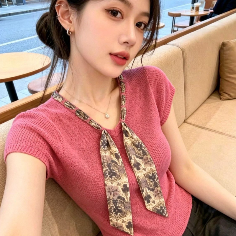 Raspberry Pink Sweet Style Silk Scarf V-Neck Flutter Sleeve Knit Top for Women, New Summer Style, Super Pretty, Thin, Can Be Worn Alone
