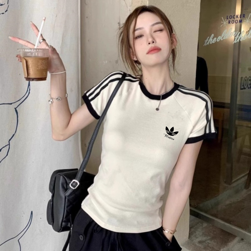 Summer Clover Ribbed Short-Sleeve T-Shirt for Women, Casual Slim-Fit Embroidered Top with Three Stripes, Half-Sleeve Pure Cotton T-Shirt Summer Clover Ribbed Short-Sleeve T-Shirt for Women, Casual Slim-Fit Embroidered Top with Three Stripes, Half-Sleeve Pure Cotton T-Shirt