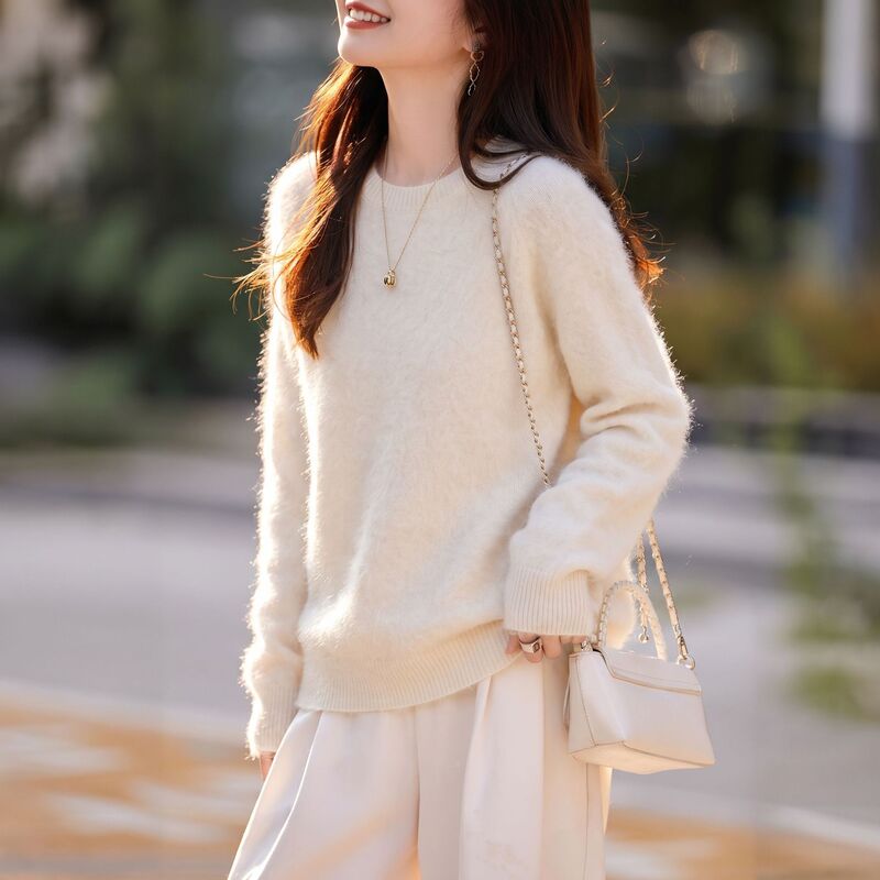 [Fleece Series] 8% Cashmere Wool and Silk Blend Seamless Sweater for Women, New Autumn Style Round Neck Knitwear