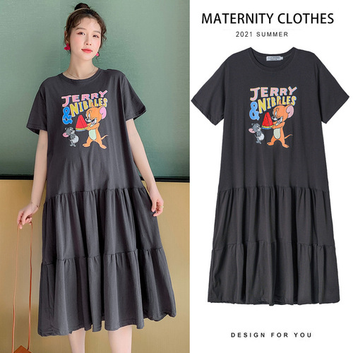 Pregnant women's summer dress, new plus-size loose short-sleeved skirt, summer T-shirt, outerwear, trendy mom, medium-length dress