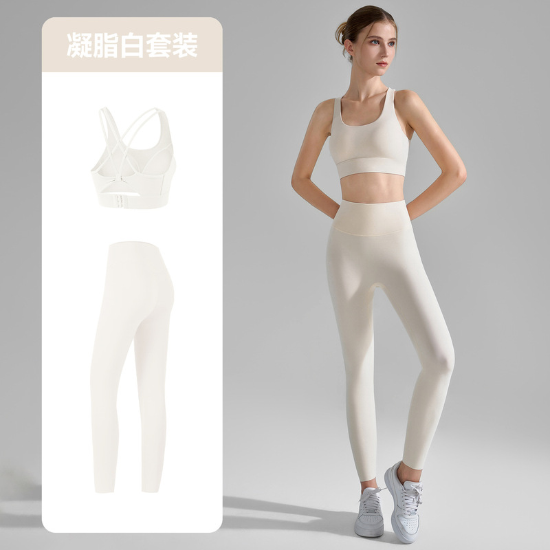 女性用ヨガスーツ2点セット、固定ダブルショルダーストラップ、強力サポートスポーツブラ、ヒートシールウエスト、ライクラヨガパンツ|undefined
