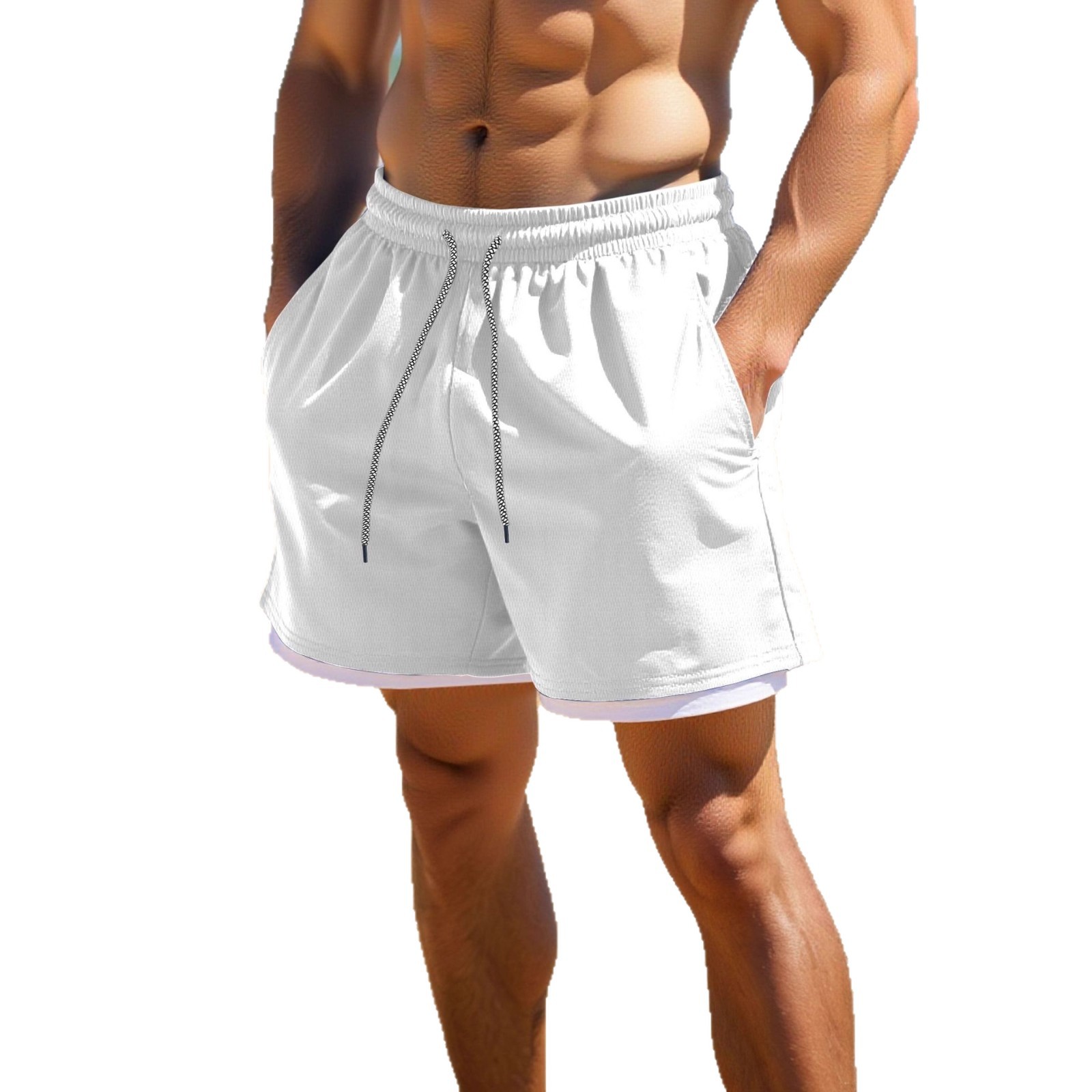 Short double épaisseur de couleur unie pour homme, pantalon de plage, de loisirs en plein air, short réglable avec cordon de serrage_voghion.com