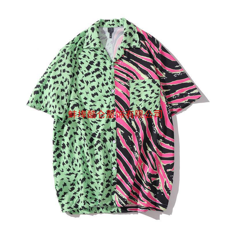 2023 new summer men's Hawaiian short-sleeved lapel shirt cross-border independent stand two-color figure pocket cardigan top