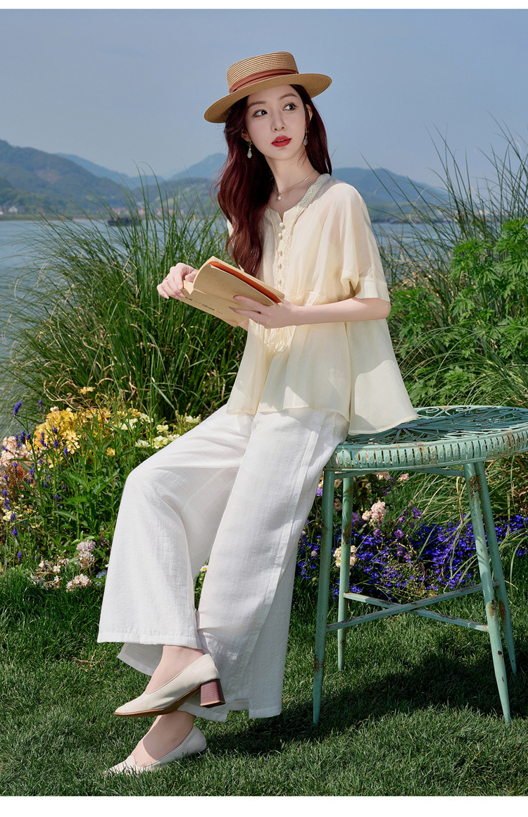 Bộ đồ mùa hè nữ Tencel cao cấp áo hai dây quần ống rộng ba món SY2697 — Bộ màu như hình chi tiết 5