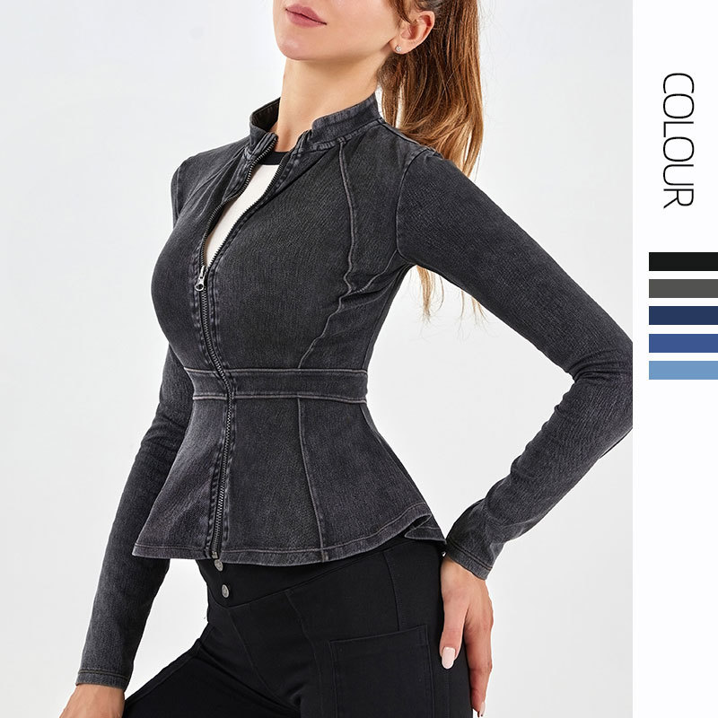 Primavera y verano nuevo Denim yoga cremallera motocicleta cuello alto adelgazamiento francés cintura deportes ropa de entrenamiento