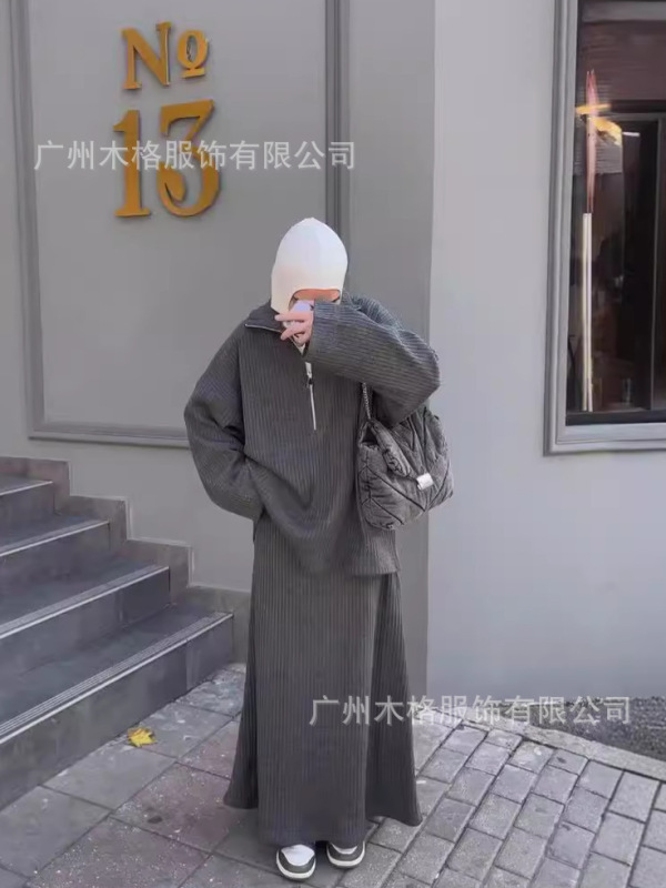2025款秋外贸亚马逊热卖女装简约慵懒毛衣高级感纯色针织裙套装女|undefined