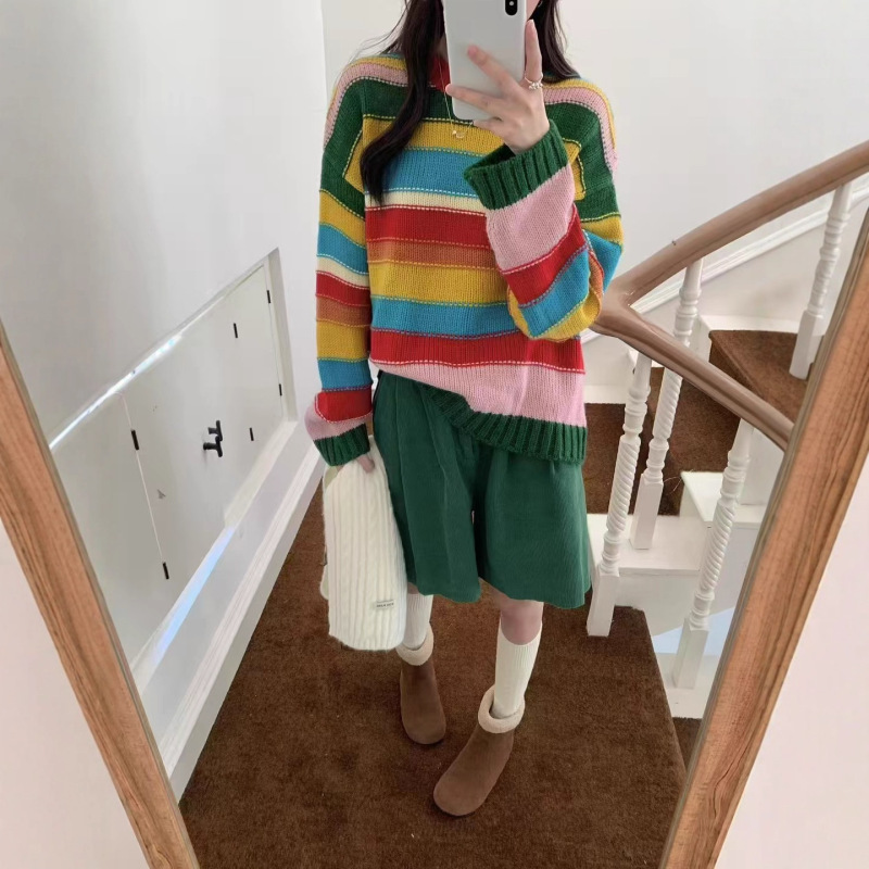彩虹条纹毛衣 2025秋季新款 慵懒风撞色宽松圆领上衣女针织衫2542|undefined