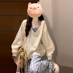 秋冬时尚套装女甜酷格子领连帽卫衣宽松慵懒吊带格子阔腿裤三件套