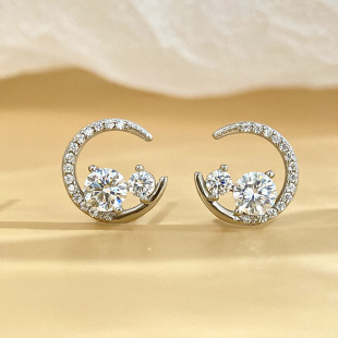 S925 Sterling Silver Earrings for Women, Accessible Luxury Korean Style Star and Moon Moissanite Earrings D Color 80 Points Moissanite Earrings for Women Wholesale