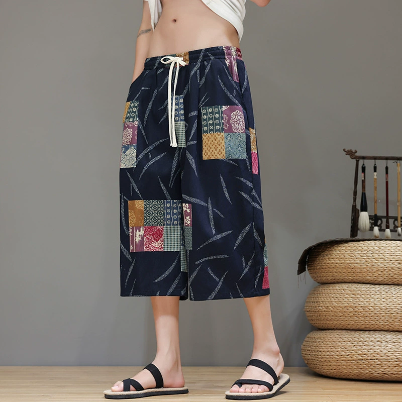 Summer trousers, cotton beach shorts for elementary school students, Chinese style, oversize, loose straight fit