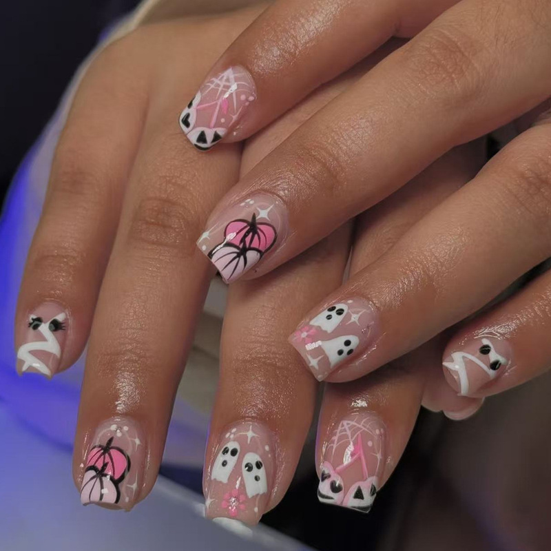Halloween Cute Pink and White Ghost Pumpkin Spider Web Mummy Design Short Square Wearable Nail Art Tips Halloween Cute Pink and White Ghost Pumpkin Spider Web Mummy Design Short Square Wearable Nail Art Tips