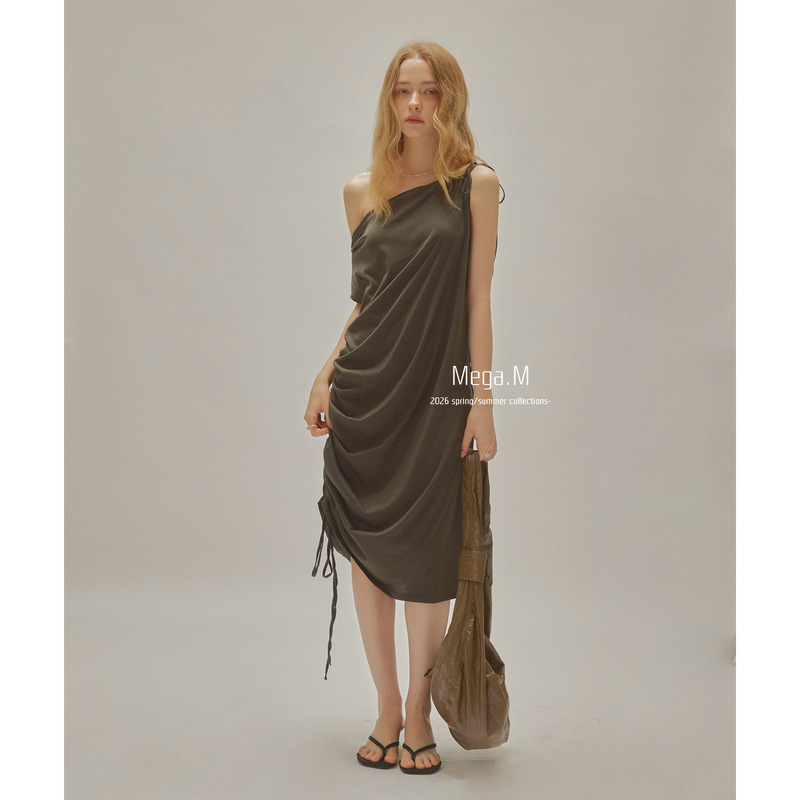 Margemeng French Retro Pleated Dress 2026 Summer New Korean Style Vacation Style Diagonal Collar Off-Shoulder Long Dress for Women