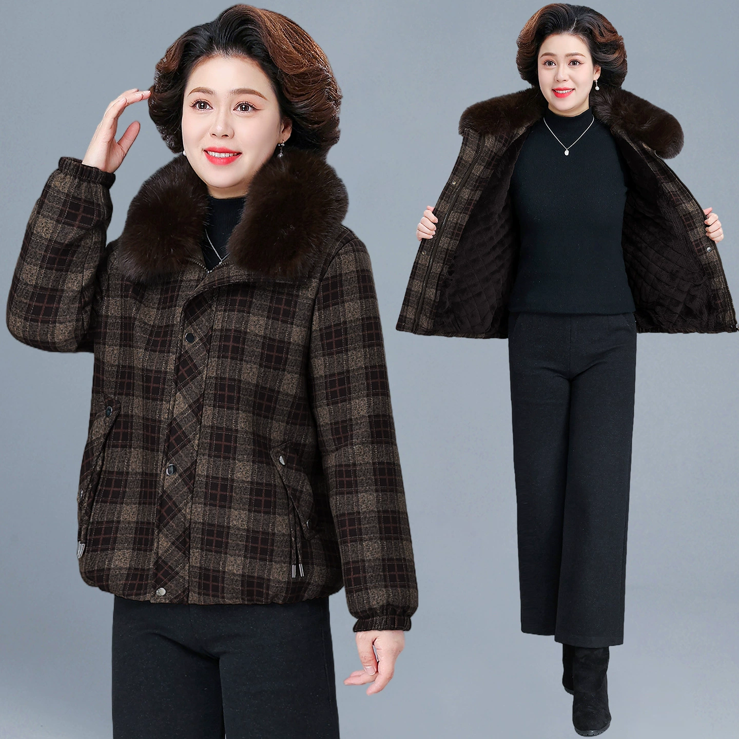 Short winter fleece down jacket for mother, for middle age, western style