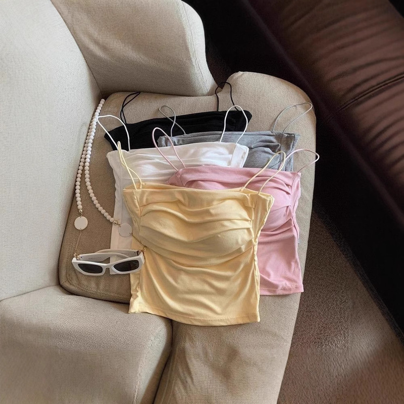 Hot Girls Sexy Pleated Camisole Vest Women's American-style Sweet and Hot-style Slim-fit Slimming Top with Chest Pad for Summer Outer Wear