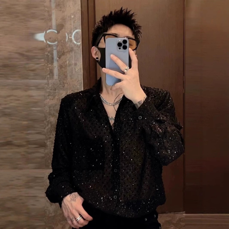 Rhinestone Shirt Men's Spring and Autumn Fashion Brand Hair Stylist Nightclub Long Sleeve Shirt Men's Casual Non-ironing Top Rhinestone Shirt Men's Spring and Autumn Fashion Brand Hair Stylist Nightclub Long Sleeve Shirt Men's Casual Non-ironing Top
