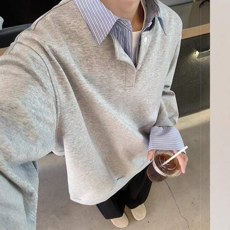 Fake Two-Piece Shirt for Men, Autumn 2026 New Style, Layered Long-Sleeve Turn-Down Collar Henley Base Shirt Jacket