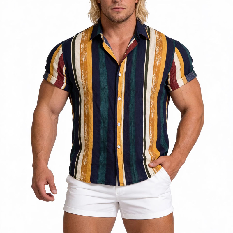 2026 Foreign Trade Wish Hawaiian Men's Striped Shirt European and American Men's Clothing Striped Printed Short-Sleeved Shirt for Men