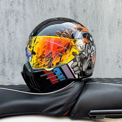 Retro Motorcycle Helmet for Men and | Motosiklet kaskı (dəbilqə) - bright-blackforward-with-phantom-red-night-vision-transparent-mirror-included-m