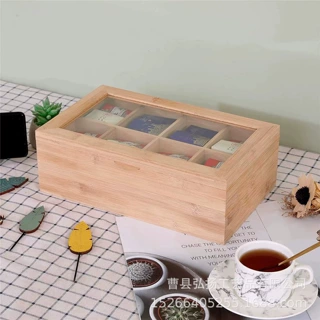 实木多格茶叶收纳盒竹制分格翻盖式收纳盒桌面茶包咖啡包展示盒