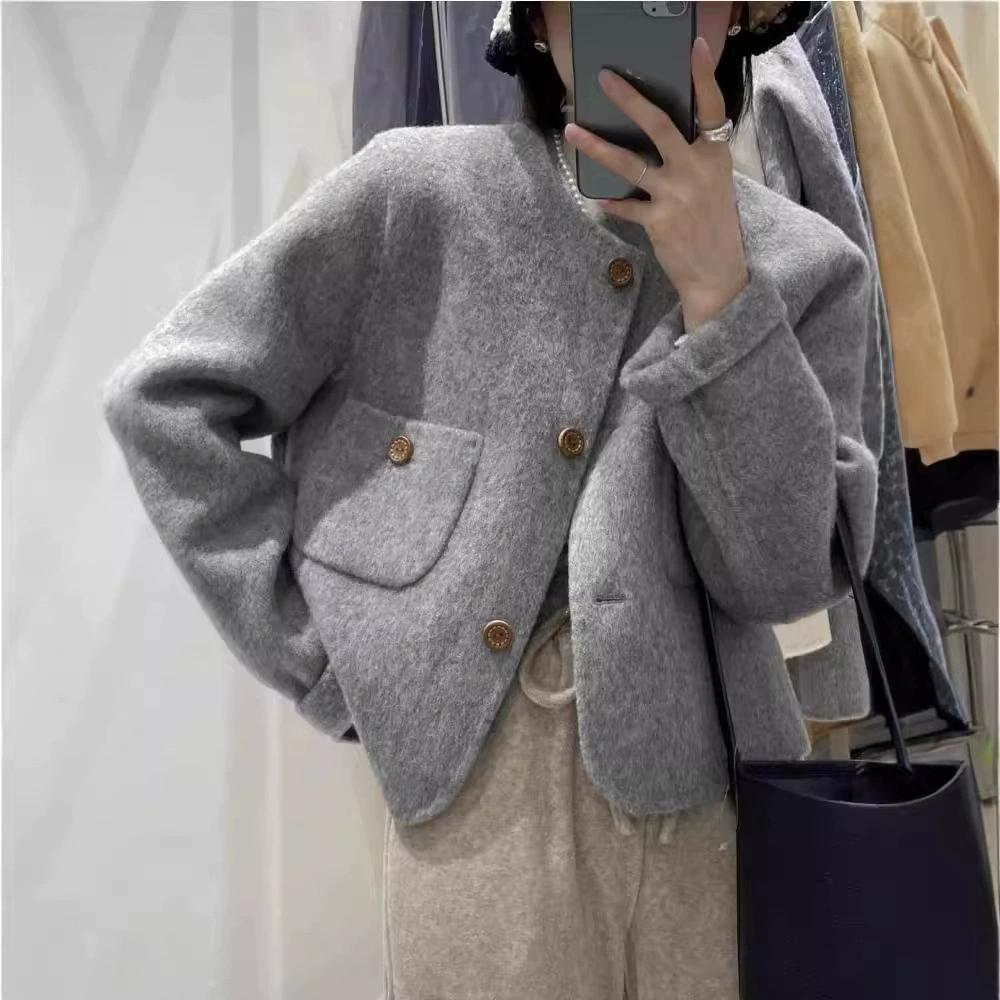 Пальто из полушерсти демисезонное короткое, вдохновлено Chanel, для подростков, серый/персиковый, размеры S–XXL