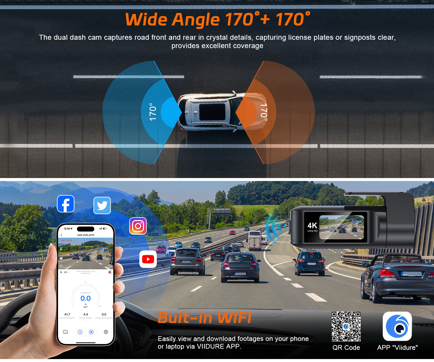 New cross-border dual 4K lens dashcam with Wifi connectivity, ultra-high-definition front and rear dual recording, GPS parking monitoring