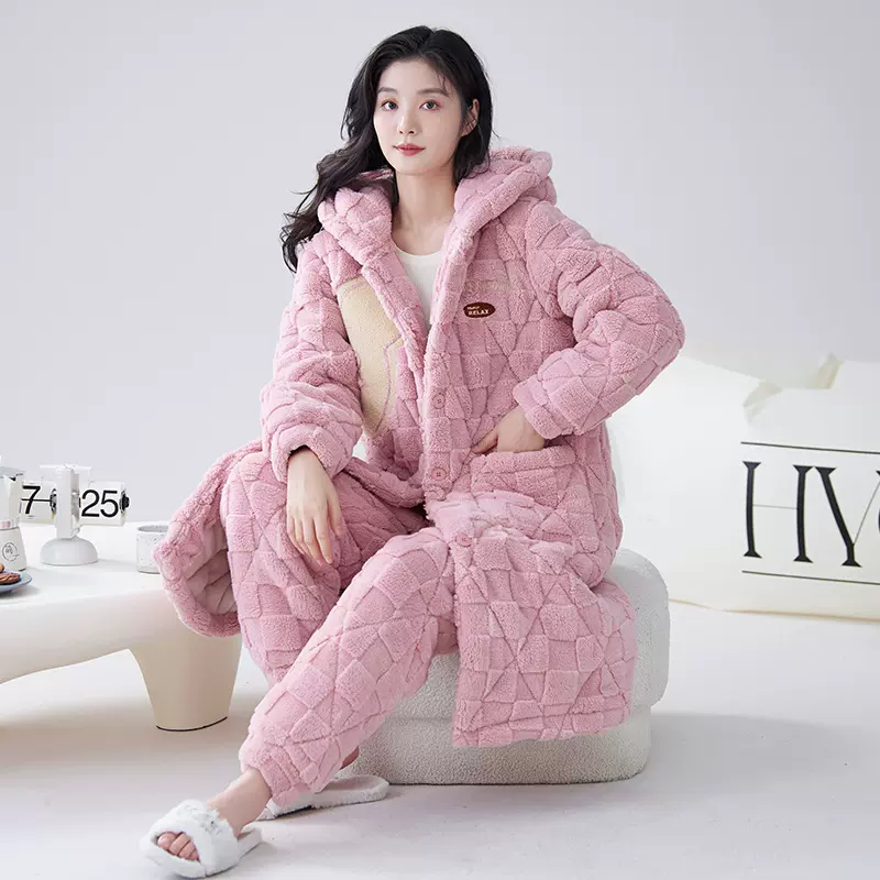 开衫连帽三层加厚夹棉女士睡衣袍套加绒保暖可外穿家居服套装冬女