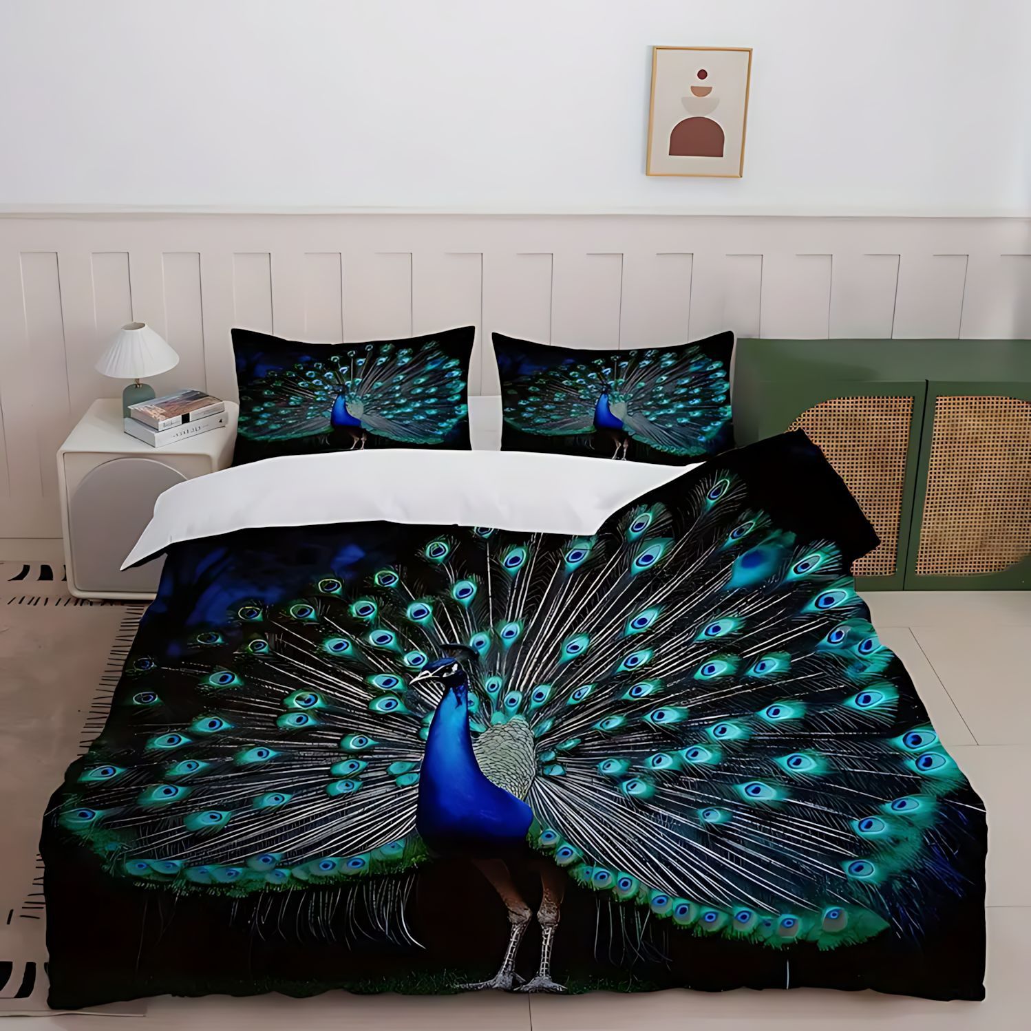 TEMU / JIT Peacock Flower HD Impresión digital abrasión colcha de cama set transfronterizo se puede ajustar