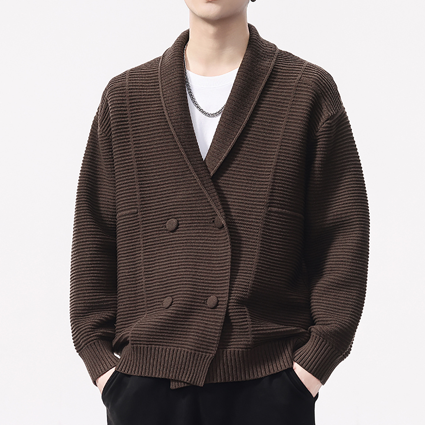 Cardigan de punto de doble botón hombre otoño invierno suéter casual negro marrón marca doméstica de primera y segunda línea China