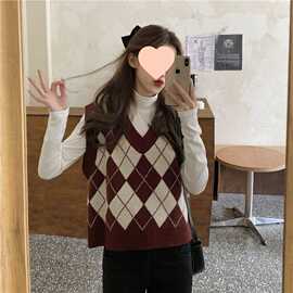 套头 气质菱形针织背心马甲女春夏新款法式复古v领慵懒风马夹