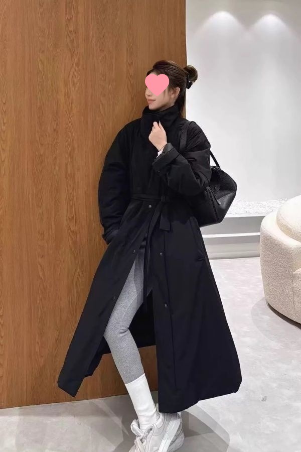 Korean Style Lazy Style Loose Stand-Up Collar Quilted Thickened Long Waist-Cinching Cotton Windbreaker Women's Mid-Length Style